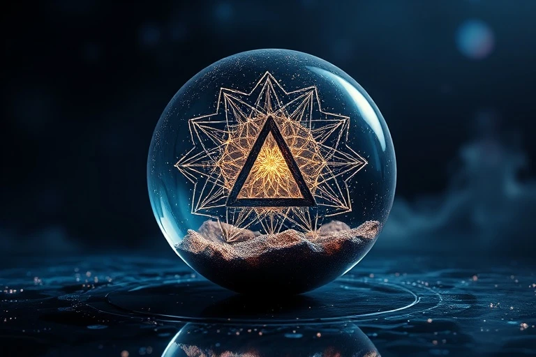 Arte conceptual de una esfera translúcida con polvo cósmico y hilos interconectados, flotando sobre una superficie reflectante, con luz difusa y un aura misteriosa.