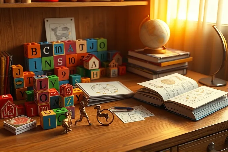 Representación 3D de un escritorio infantil con bloques educativos, símbolos astrológicos y libros, iluminado cálidamente.