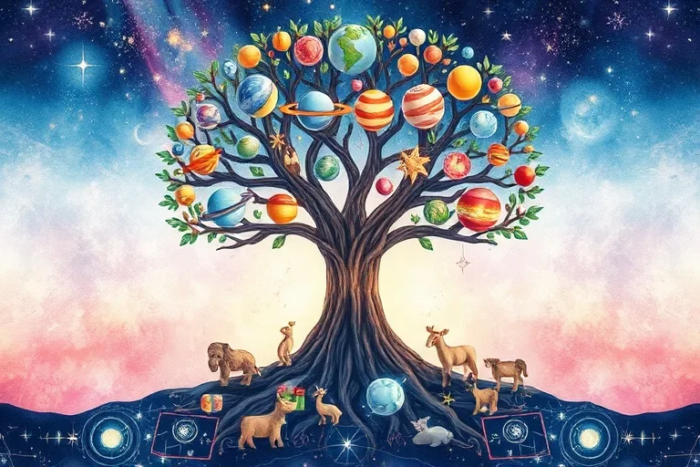 Pintura acuarela de un árbol cósmico con raíces estelares y ramas con juguetes, simbolizando el crecimiento.