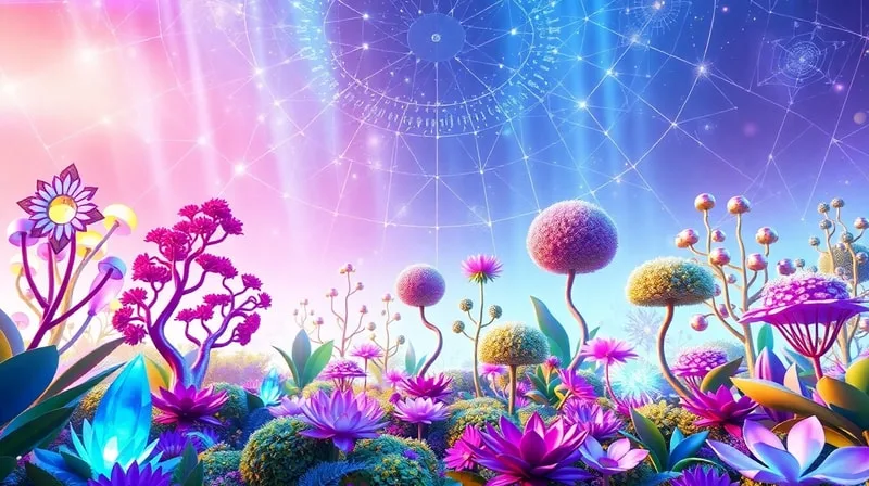 Renderizado 3D conceptual de un jardín estilizado donde cada planta representa un estilo de aprendizaje o talento diferente, iluminado por una luz etérea que se filtra a través de patrones geométricos.