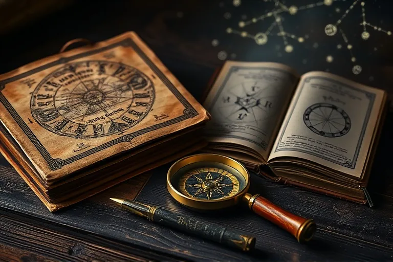 Fotografía de bodegón con libros antiguos de psicología y astronomía, un compás y una lupa sobre una mesa de madera