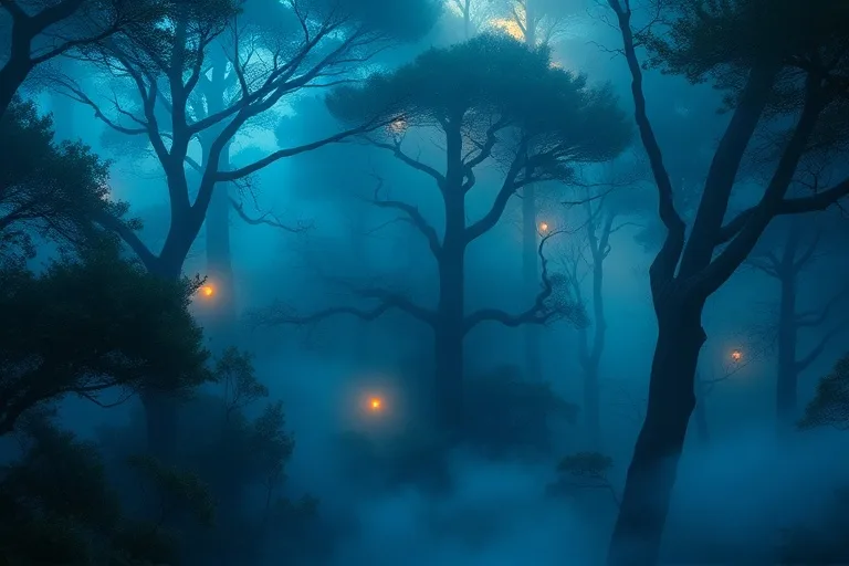 Pintura al óleo de un paisaje onírico con símbolos abstractos de arquetipos emergiendo de un bosque brumoso