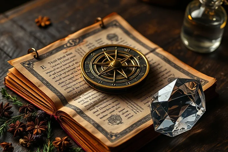 Antiguo astrolabio sobre un libro abierto con símbolos kabbalísticos, rodeado de hierbas secas y un cristal pulido.