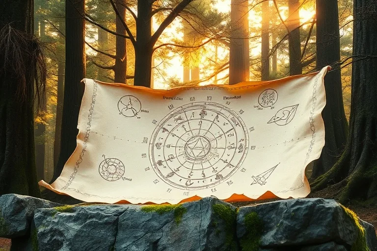 Pintura de acuarela de un pergamino antiguo y desgastado que se despliega para revelar tenues símbolos astrológicos, apoyado sobre un altar de piedra cubierto de musgo en un bosque místico.