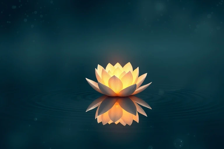 Render 3D de una delicada flor de loto brillante flotando en un estanque tranquilo y reflectante, con sutiles alineaciones planetarias reflejadas en la superficie del agua, simbolizando el crecimiento espiritual y los ecos de vidas pasadas.