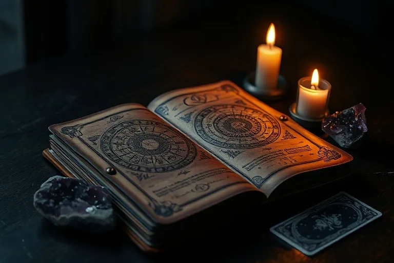 Naturaleza muerta cinematográfica de un diario antiguo de cuero abierto con símbolos y constelaciones, iluminado por una vela. Cartas de tarot y un amatista cruda descansan sobre una mesa de madera oscura, creando una atmósfera misteriosa.
