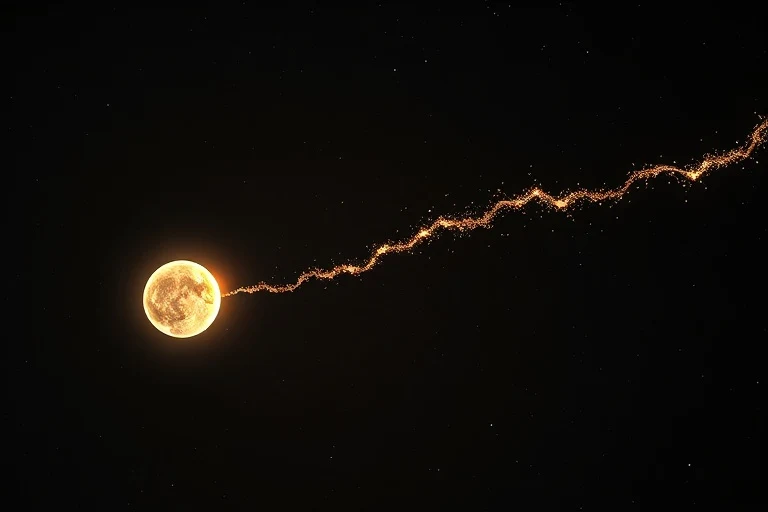 Arte conceptual de una cadena delicada y translúcida hecha de partículas de luz, conectando sutilmente dos orbes distantes y brillantes en un vasto vacío cósmico, simbolizando un vínculo invisible y duradero.