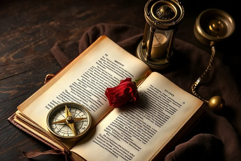 Fotografía still life de objetos antiguos: un compás, un diario abierto con una rosa seca y un reloj de arena, simbolizando el paso del tiempo y la reencarnación.