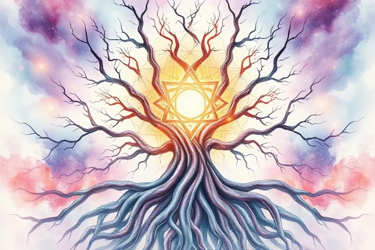 Pintura abstracta en acuarela de raíces de un árbol antiguo fusionándose en un vórtice de luz, con cintas de energía curativa ascendiendo, simbolizando la liberación de cargas ancestrales y la renovación espiritual.