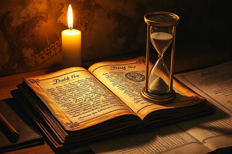 Fotografía cinematográfica de naturaleza muerta: Un diario antiguo de cuero abierto con símbolos astrológicos y notas manuscritas, iluminado por una vela parpadeante. Un reloj de arena intrincado a su lado, simbolizando ciclos kármicos y el paso del tiempo.