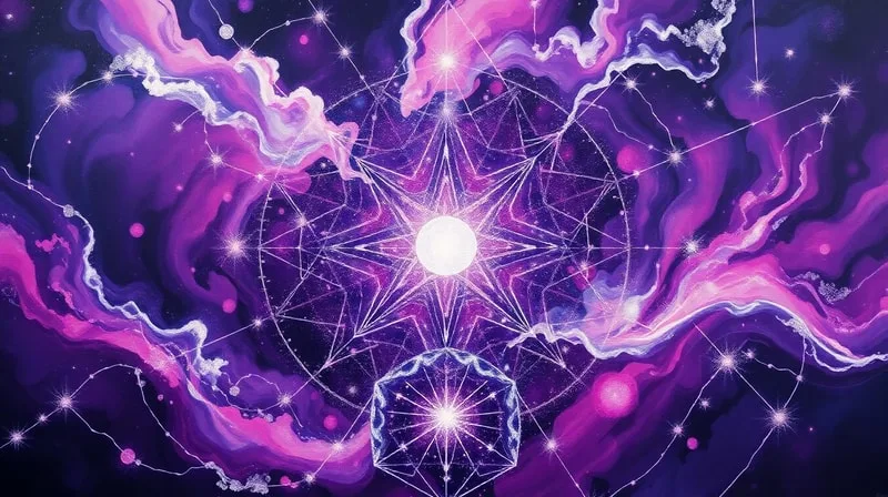 Pintura al óleo abstracta: Pinceladas arremolinadas e interconectadas en tonos de púrpura intenso, rosa y plata, formando un tapiz complejo de flujos de energía. Un orbe brillante en el centro representa el núcleo del alma, con líneas que se extienden hacia afuera, sugiriendo conexiones y resoluciones kármicas.