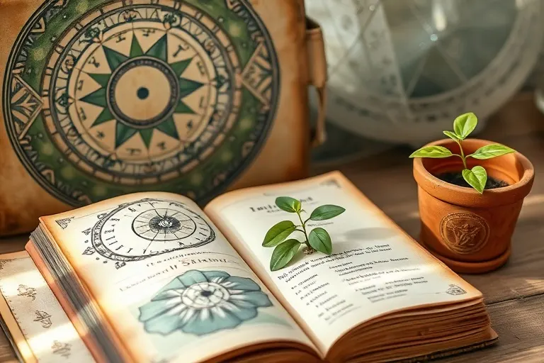 Diario de jardinería antiguo con símbolos lunares y bocetos de plantas, junto a una plántula en maceta, en estilo acuarela.