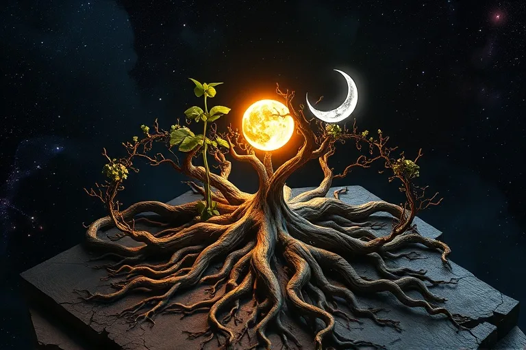 Representación conceptual de los nodos lunares entrelazados con raíces de plantas, sobre un fondo cósmico, simbolizando la conexión kármica con la naturaleza.