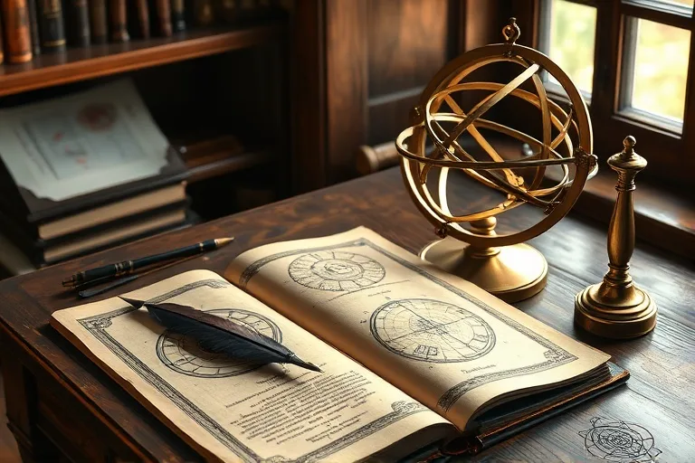Pintura al óleo de un escritorio antiguo con una pluma, un libro abierto de astronomía y una esfera armilar