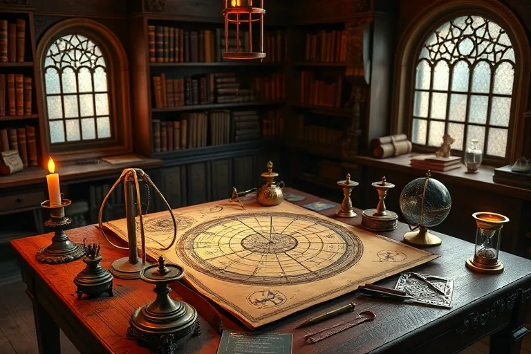 Ilustración 3D de un taller renacentista con herramientas astrológicas y mapas celestes