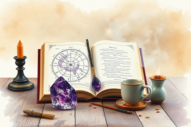 Pintura de acuarela de un bodegón con un libro de astrología abierto mostrando cartas astrales, un cristal de amatista, un incienso encendido y una taza de té, todo sobre una mesa de madera rústica.