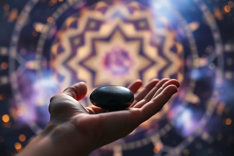 Fotografía cinematográfica en primer plano de una mano sosteniendo suavemente una piedra de meditación oscura, con un fondo borroso que muestra una representación abstracta de órbitas planetarias y polvo estelar.