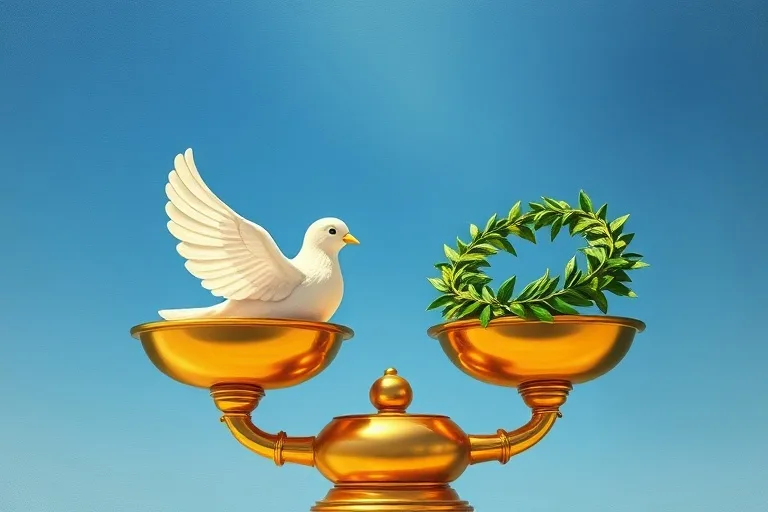 Pintura al óleo de una balanza de oro pulido, con una paloma blanca en un lado y una corona de laurel en el otro, bajo un cielo sereno.