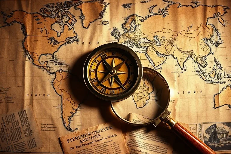 Fotografía vintage de una brújula antigua sobre un mapa desgastado, rodeada de recortes de periódicos y una lupa, simbolizando la búsqueda de información y dirección en eventos globales.
