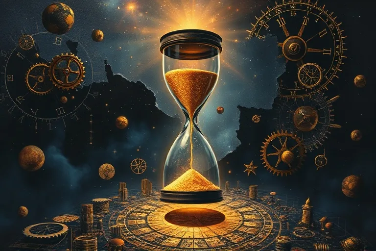 Pintura al óleo de un reloj de arena roto derramando arena sobre un mosaico de formas geométricas abstractas y símbolos, rodeado de engranajes y ruedas dentadas, simbolizando el cambio social y el paso del tiempo.