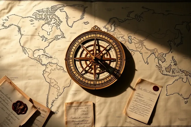 Bodegón cinematográfico de un astrolabio antiguo sobre un mapa, con documentos económicos y diplomáticos, simbolizando la conexión entre astrología y asuntos terrenales.