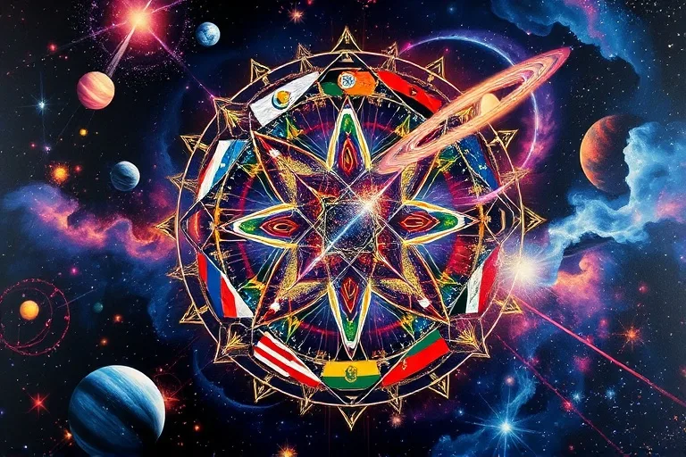 Pintura al óleo abstracta de símbolos monetarios y banderas nacionales disolviéndose en un fondo cósmico, con alineaciones planetarias, representando la interconexión de la economía y la astrología.