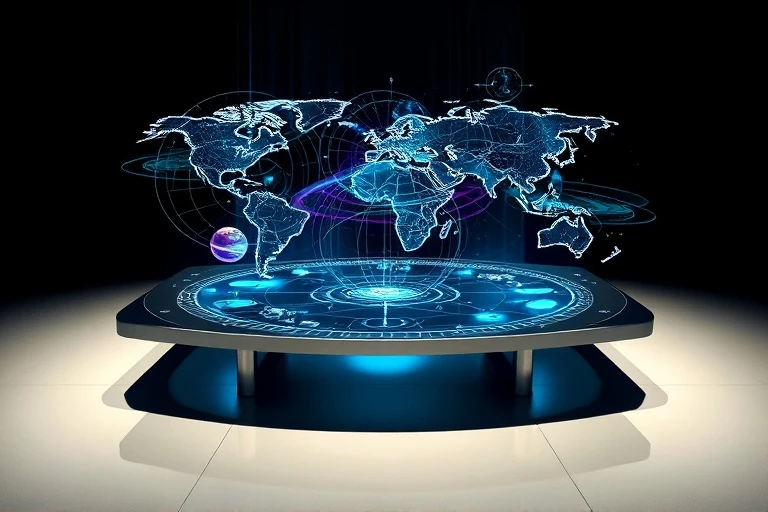 Ilustración digital 3D de una mesa de centro de mando futurista con proyecciones holográficas de mapas mundiales y alineaciones planetarias. La mesa es elegante y metálica, reflejando los datos complejos, con patrones de luz abstractos que representan flujos de energía y cambios geopolíticos. Sin presencia humana.