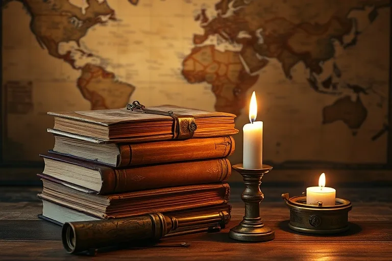 Naturaleza muerta cinematográfica de libros antiguos de historia y ciencias políticas, apilados junto a un telescopio de latón vintage y una brújula desgastada. Una vela parpadeante proyecta largas sombras, simbolizando la búsqueda de comprensión en tiempos difíciles. El fondo es un mapa borroso de antiguas rutas comerciales.