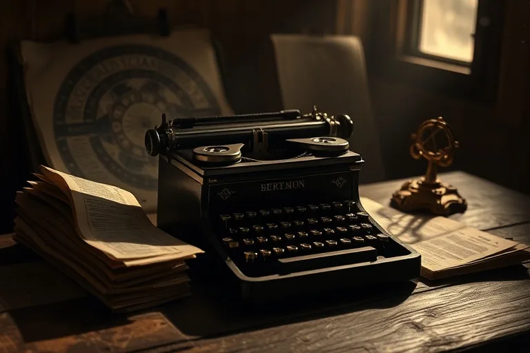 Bodegón cinematográfico de una máquina de escribir antigua y periódicos viejos, simbolizando la evolución de la comunicación.