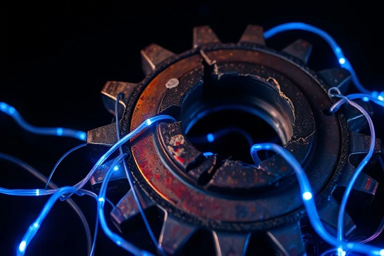 Arte conceptual de un engranaje roto entrelazado con cables de fibra óptica, simbolizando la disrupción tecnológica y social.