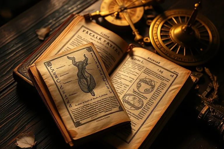 Fotografía cinematográfica de un libro médico antiguo abierto mostrando un dibujo anatómico, rodeado de herramientas astrológicas vintage como una esfera armilar de latón y un astrolabio desgastado, con iluminación suave y cálida.