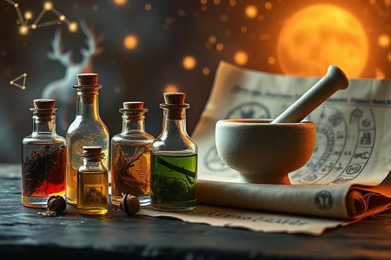 Arte conceptual de constelaciones etéreas brillantes formando un fondo sutil para una colección de remedios antiguos en viales de vidrio, un mortero y mano de piedra pulida, y un pergamino con símbolos esotéricos, todo bañado en una luz mística y suave.