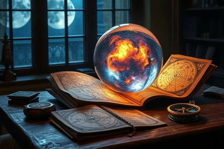 Escritorio antiguo iluminado por la luna con mapas cósmicos, manuscrito con símbolos astrológicos, brújula vintage y una bola de cristal que refleja galaxias.