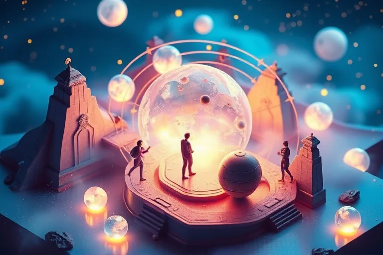Orbes etéreos de acuarela interconectados, representando planetas y signos zodiacales, que se mezclan sutilmente en figuras humanas abstractas o elementos arquitectónicos.