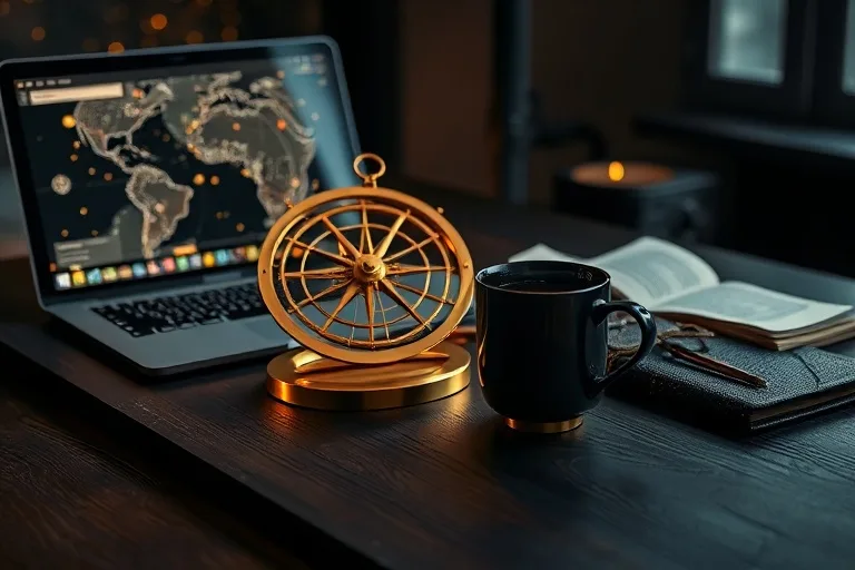 Escritorio con astrolabio de latón antiguo, laptop con plan de negocios, diario de cuero y taza de té de hierbas, en un estilo de bodegón cinematográfico.