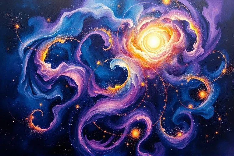 Pintura al óleo abstracta con remolinos dinámicos de azules profundos, púrpuras y dorados, que representan energía cósmica y crecimiento personal.