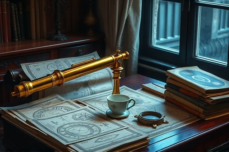Telescopio antiguo de latón sobre un escritorio de madera, rodeado de cartas astrológicas y una taza de té, bajo una luz de luna tenue.