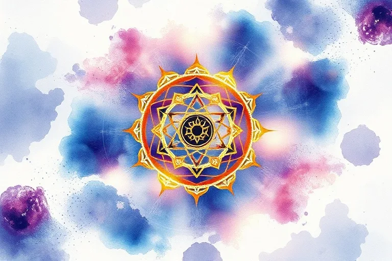 Pintura acuarela abstracta de engranajes y símbolos zodiacales entrelazados, formando un emblema luminoso que representa una marca personal auténtica.