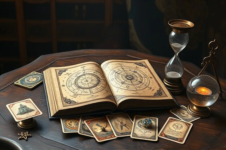 Ilustración digital de una mesa antigua con un libro abierto de astrología, un reloj de arena y símbolos esotéricos, evocando el estudio de la psique.
