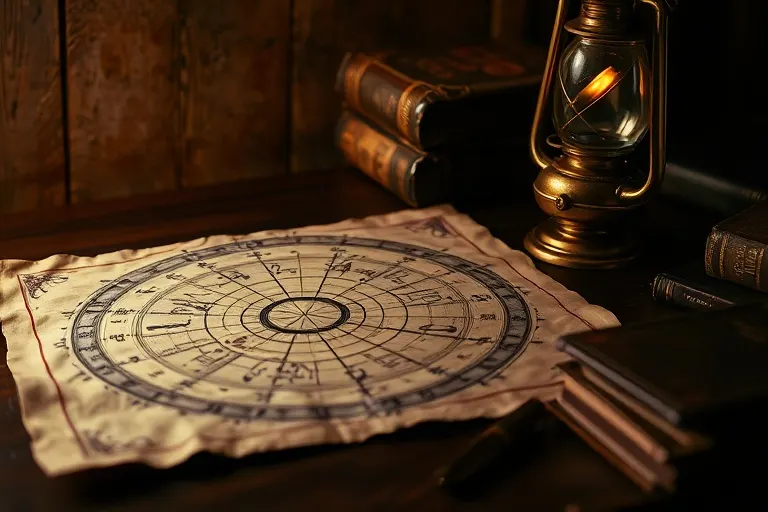 Una antigua carta astrológica con símbolos zodiacales y planetarios, rodeada de libros sobre mitología y psicología analítica, bajo la luz de una lámpara de aceite.