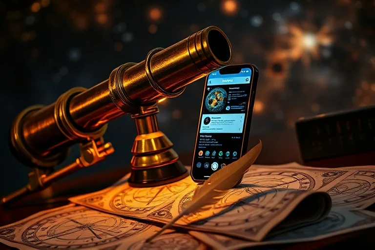 Telescopio antiguo apuntando a un smartphone con perfil de red social, rodeado de cartas astrales y una pluma