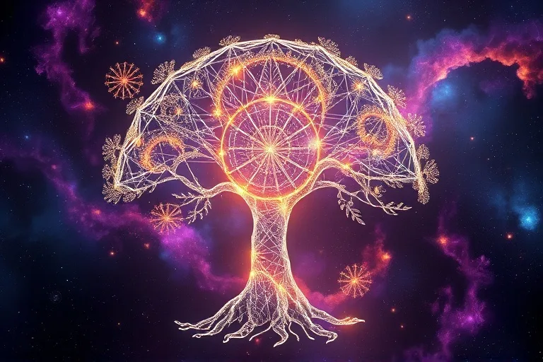 Árbol de luz abstracto con flujos de datos digitales, simbolizando crecimiento personal y evolución online