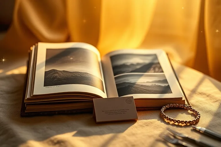 Bodegón cinematográfico de un álbum de fotos, tarjetas de presentación y un brazalete de amistad, iluminados con luz dorada.