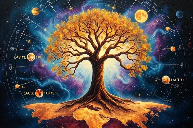 Pintura al óleo de árbol creciendo en un mapa cósmico