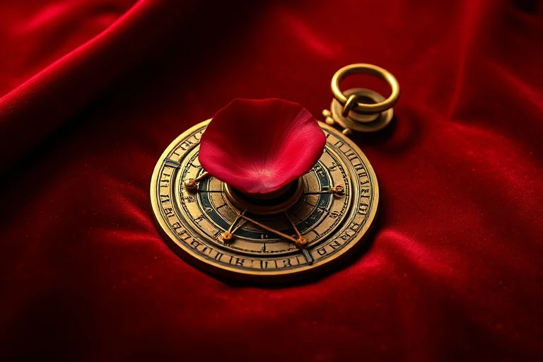 Fotografía macro de un astrolabe antiguo sobre terciopelo rojo con un pétalo de rosa, simbolizando la pasión y los deseos astrológicos.