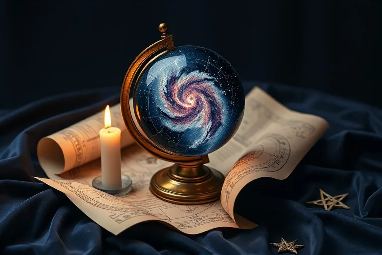 Un antiguo globo celestial sobre tela de terciopelo, rodeado de pergaminos con cartas astrales. Una vela parpadeante ilumina un cristal que refleja una nebulosa.