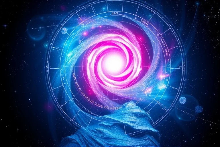 Un vórtice de colores iridiscentes (azules, morados, verdes) que forma un camino hacia una dimensión desconocida, con representaciones abstractas de órbitas planetarias y polvo estelar.