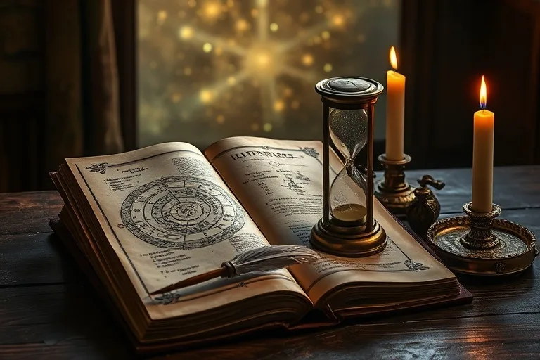 Una colección de objetos antiguos sobre una mesa de madera, incluyendo un libro, una pluma, un reloj de arena y una vela, en un estilo de pintura al óleo.