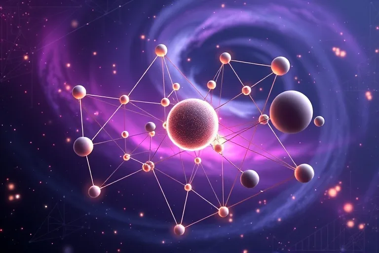 Representación abstracta en 3D de esferas y líneas interconectadas formando una red cósmica con puntos de luz, sobre un fondo de nebulosa estelar.