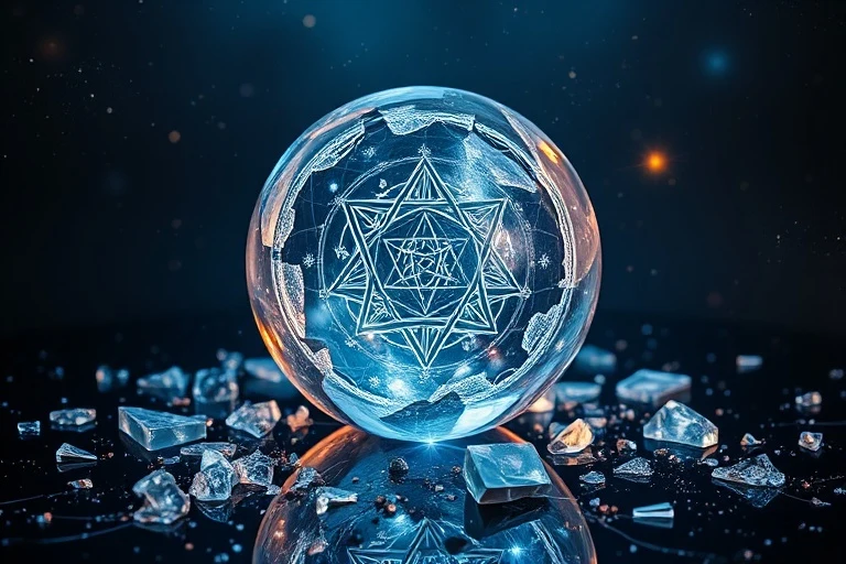Una bola de cristal rota que refleja una variedad caleidoscópica de símbolos planetarios y patrones geométricos, con fragmentos esparcidos sobre una superficie oscura y reflectante.